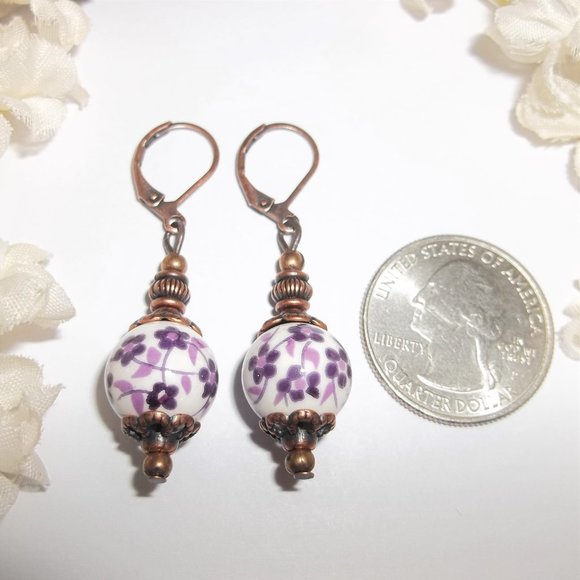 Boho Earring Set Floral Purple White and Rustic Copper Fashion Jewelry Set 7008 - Picture 2 of 9